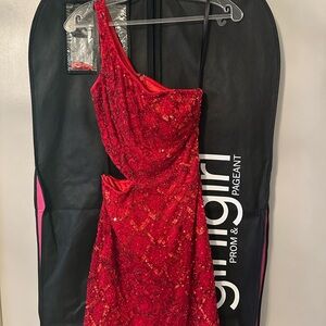 Primavera Couture Sparkling Red One-Shoulder Dress